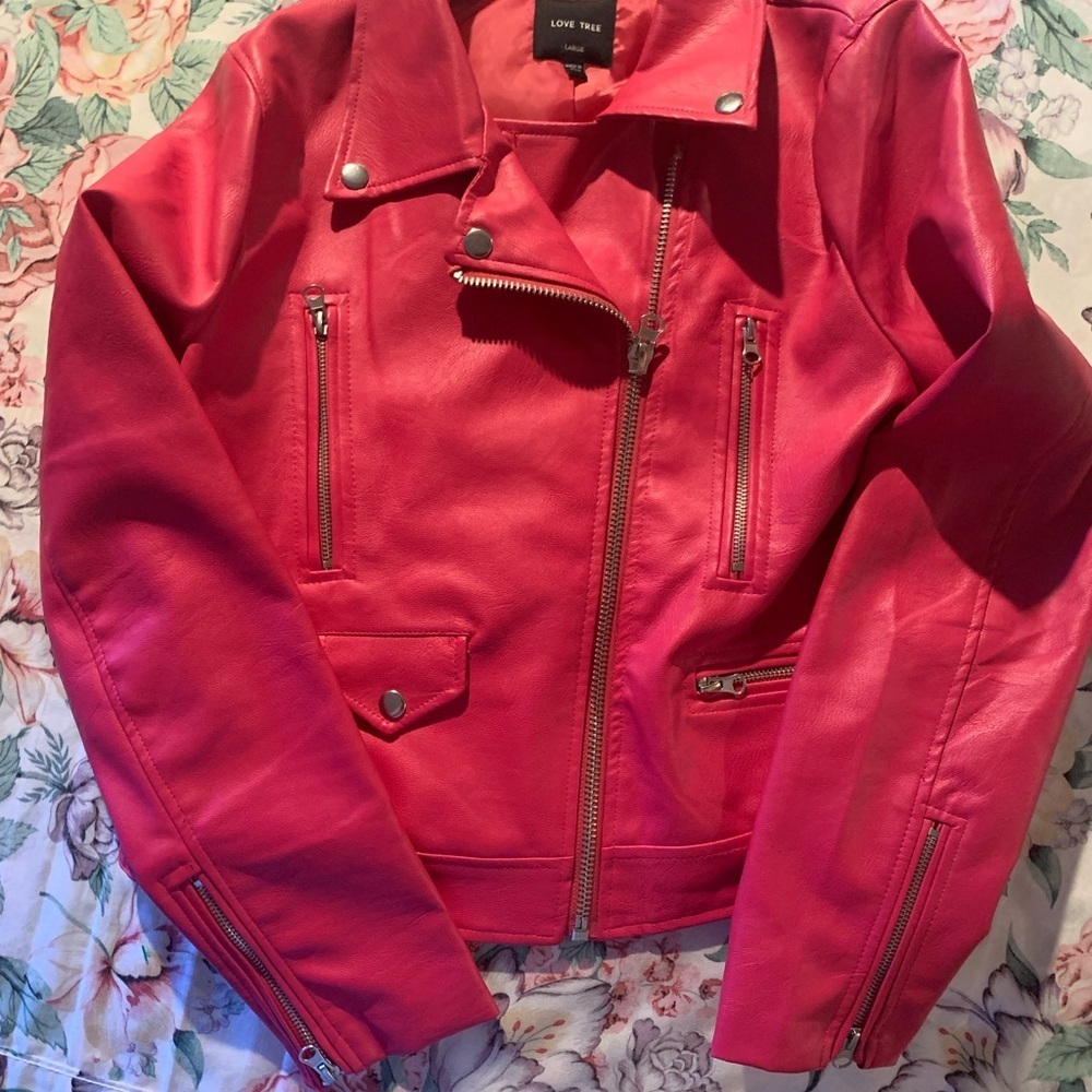 Love Tree Women's Juniors Vibrant Pink Leather Jacket Size Large